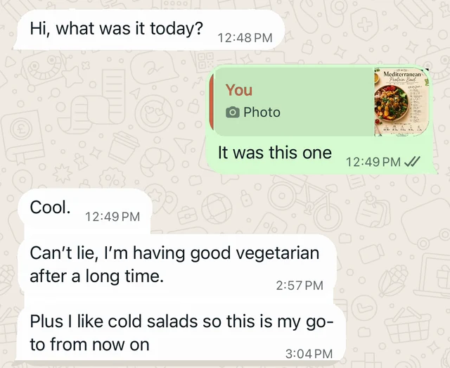 WhatsApp message from a customer saying the Mediterranean bowl is their go-to from now on