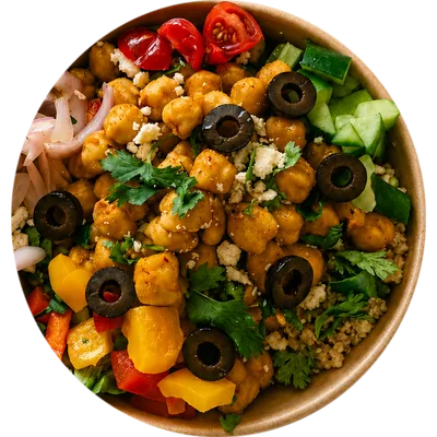 Mediterranean Protein Bowl with chickpeas, olives, feta and peppers