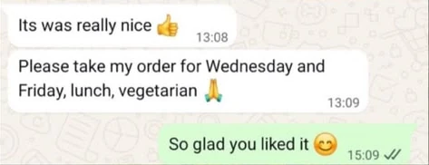 WhatsApp message from a customer booking lunch for Wednesday and Friday