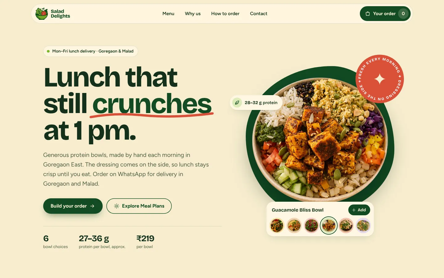 Salad Delights homepage on desktop: the headline 'Lunch that still crunches at 1 pm', a large bowl photo, and buttons to build an order or explore meal plans