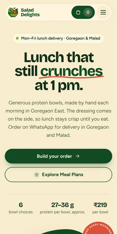 Salad Delights homepage on a phone, with full-width ordering buttons